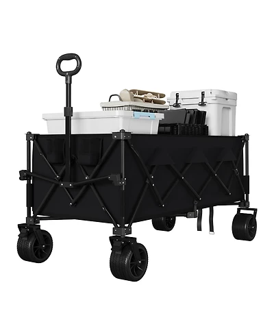 homfan Heavy Duty Utility Beach Wagon Cart, Collapsible Wagon Beach with All Terrain Wheels, Extra Long WagonCart Foldable with Cup Holders for Sand