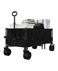 homfan Heavy Duty Utility Beach Wagon Cart, Collapsible Wagon Beach with All Terrain Wheels, Extra Long WagonCart Foldable with Cup Holders for Sand