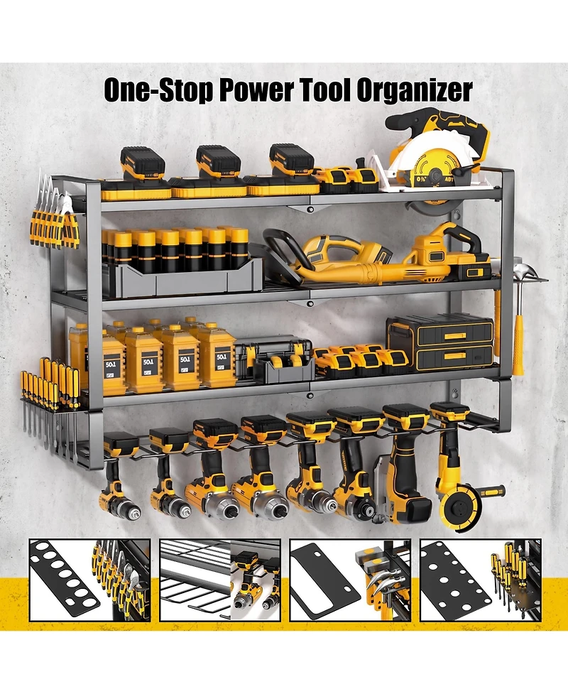 Power Tool Organizer Wall Mount 4-Tier Metal Rack Drill Holder Garage Storage