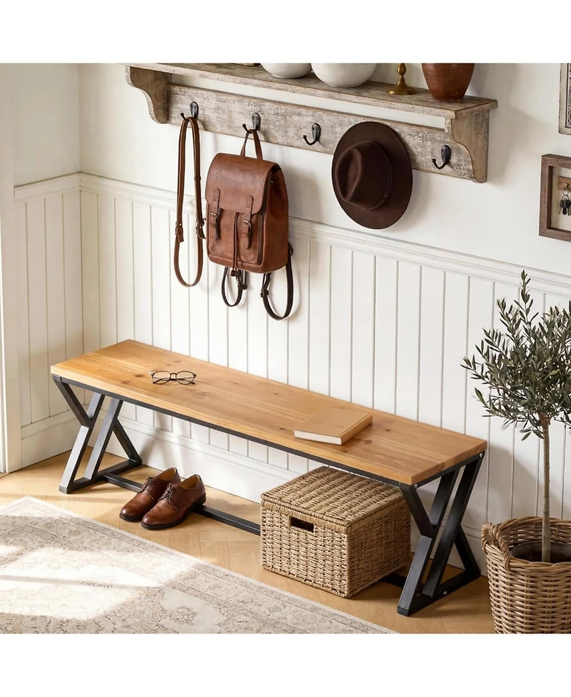 Tribesigns Solid Wood Entryway Shoe Bench, 55" Long End of Bed Bench with Metal Legs