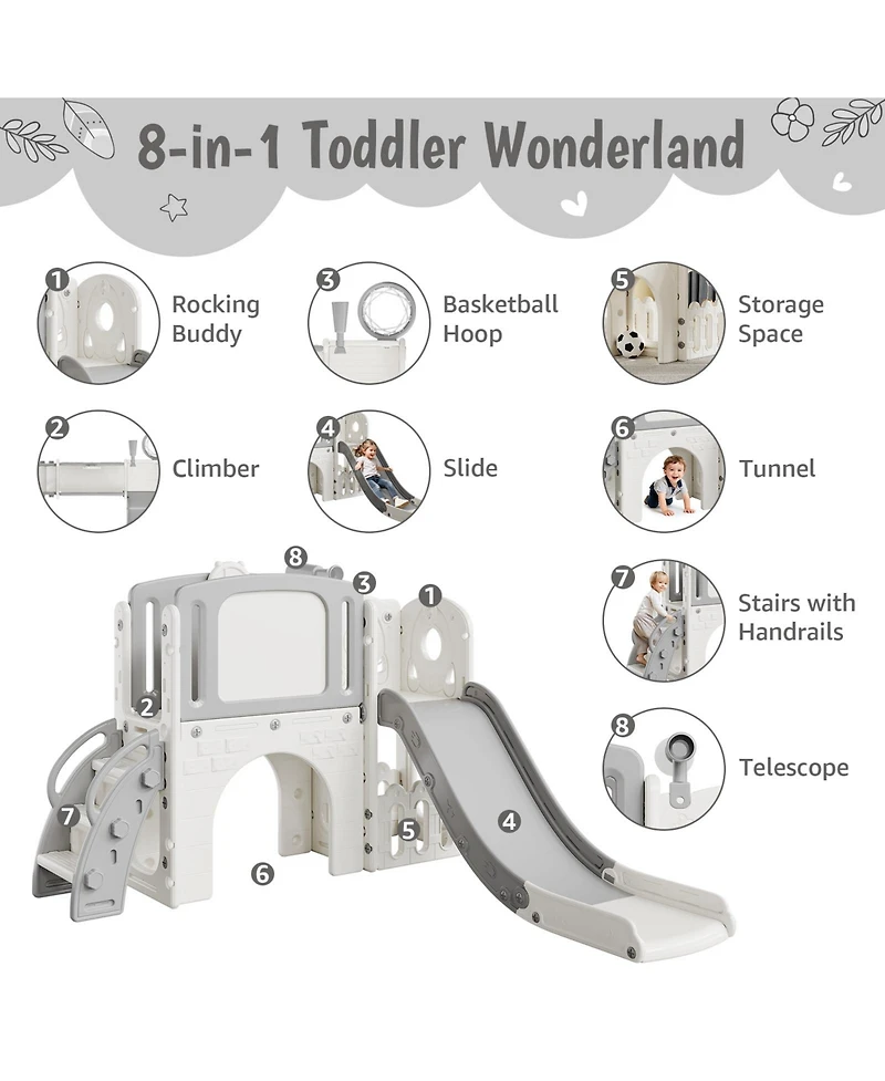 homfan 8 in 1 Toddler Play Tunnel and Climber Set, Indoor Outdoor Playground with Slide and Basketball Hoop for Kids