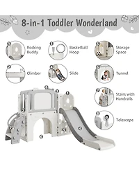 homfan 8 in 1 Toddler Play Tunnel and Climber Set, Indoor Outdoor Playground with Slide and Basketball Hoop for Kids