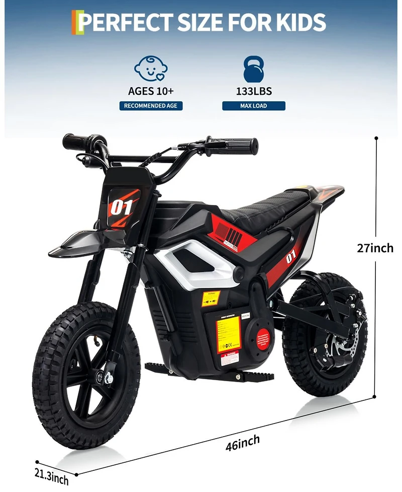 homfan 45.7 x 21.3 26.4 Inch Kids Electric Ride On Motorcycle 24V Battery Powered Toy Bike with 350W Motor for Outdoor Riding