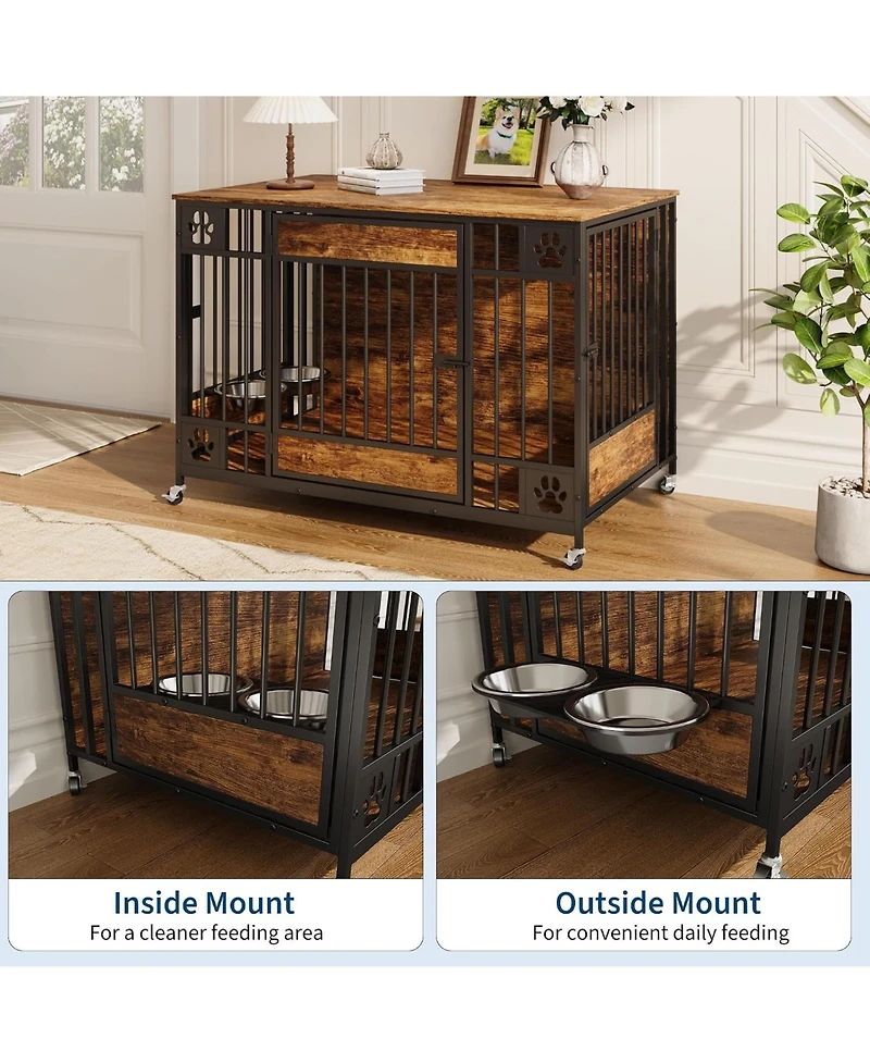 homfan 41 Dog Crate Furniture with Triple Doors and Feeder – Indoor Pet Kennel with 2 Bowls, Lockable Wheels, Bolt-Latch Doors