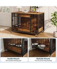 homfan 41 Dog Crate Furniture with Triple Doors and Feeder – Indoor Pet Kennel with 2 Bowls, Lockable Wheels, Bolt-Latch Doors