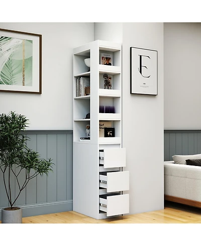 flynama 70.87 Inch High Modern Tall Wooden Storage Cabinet 4-Tier Shelves and Side Drawers Home Bookcase