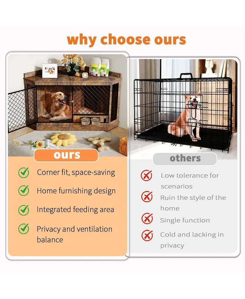 homfan 52 Corner Dog Crate with 360degrees Feeder Wooden Pet Kennel and Tv Stand, Multi-Function Storage Cabinet