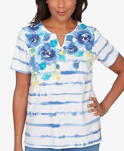 Alfred Dunner Women's Striped Floral Split Neck Top