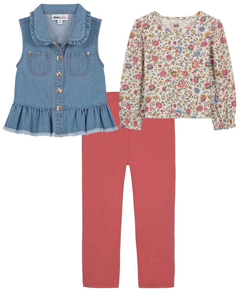 Kids Headquarters Toddler Girls' 2T-4T Denim Vest, Long-Sleeve Top and Leggings, 3-Piece Set