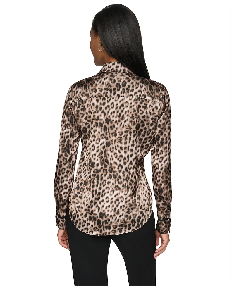 Dkny Petite Printed Satin Long-Sleeve Collared Top