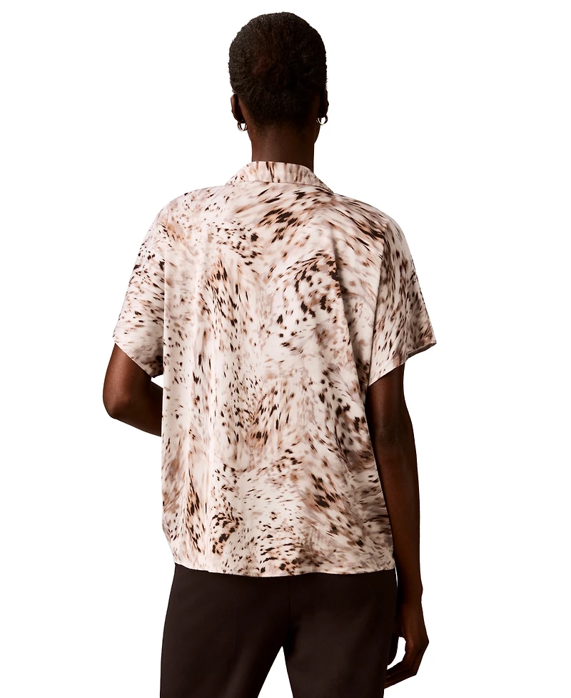 Calvin Klein Women's Printed Flat Satin Tie-Neck Blouse
