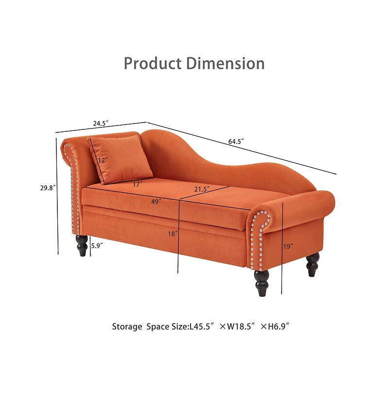 Rainsken 64.5-inch Modern Velvet Chaise Longue with Storage, Recliner,Left Armrest and Lumbar Support