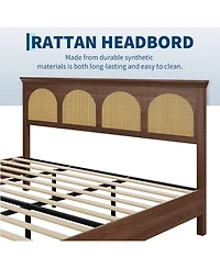 gaomon King Size Rattan Bed Frame - Boho Wooden Platform Bed with Natural Rattan Headboard, Silent Slats, No Box Spring Needed, Easy Assembly