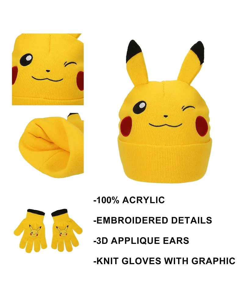 Pokemon Boys' and Girls' Embroidered Hat and Gloves, 2-Piece Set