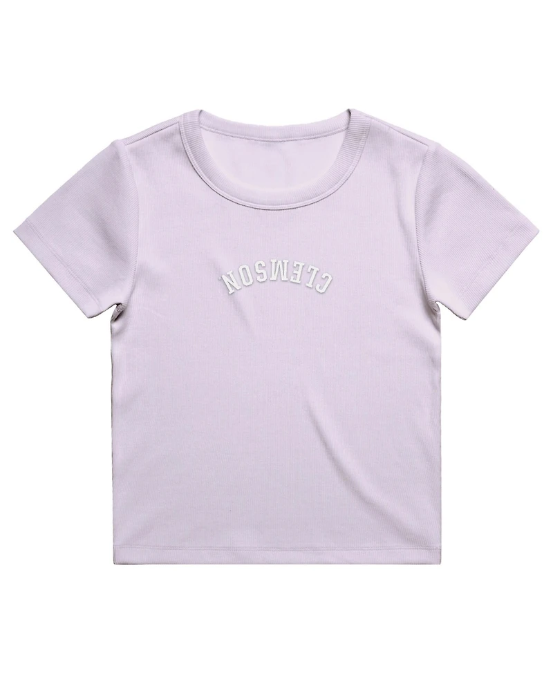 Uscape Apparel Women's Purple Clemson Tigers Upside Down Embroidery Ribbed Cropped T-Shirt