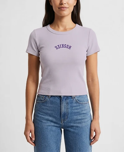 Uscape Apparel Women's Purple Washington Huskies Upside Down Embroidery Ribbed Cropped T-Shirt