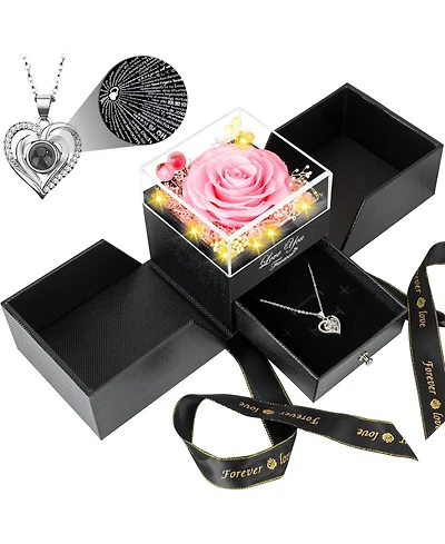 Lovery 5-Piece Preserved Rose with Led Lights, Heart Necklace and Acrylic Box Gift Set