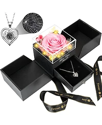Lovery 5-Piece Preserved Rose with Led Lights, Heart Necklace and Acrylic Box Gift Set