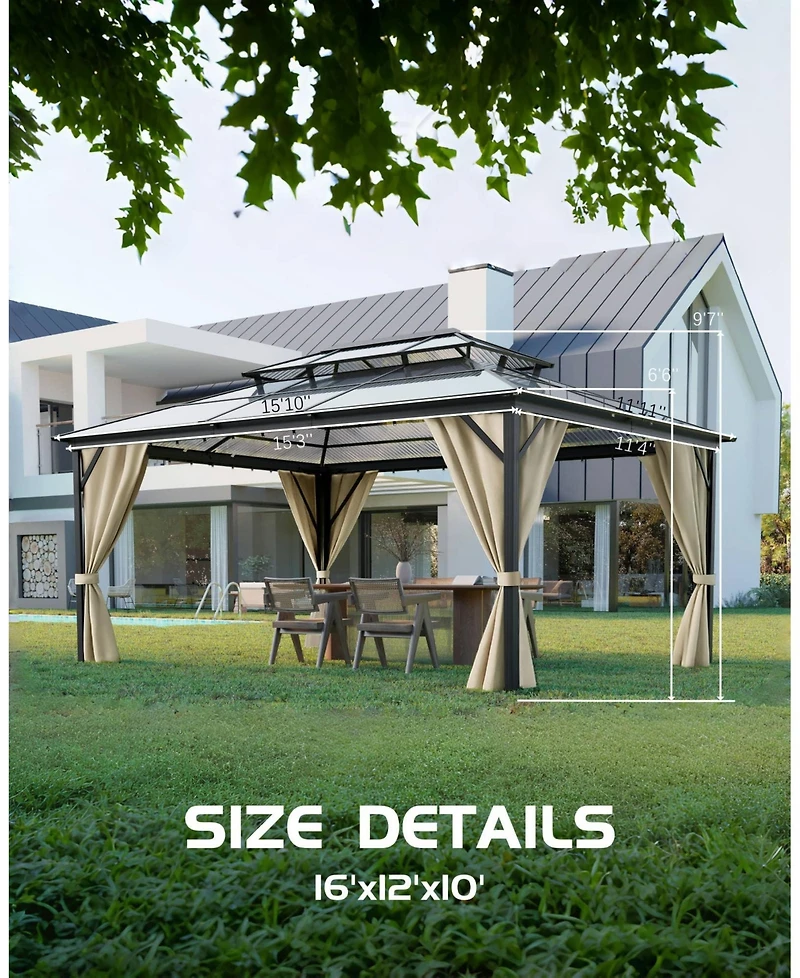 homfan 12 x 16 Ft Hardtop Gazebo for Backyard Patio with Double Roof and Aluminum Frame and Pc Panels