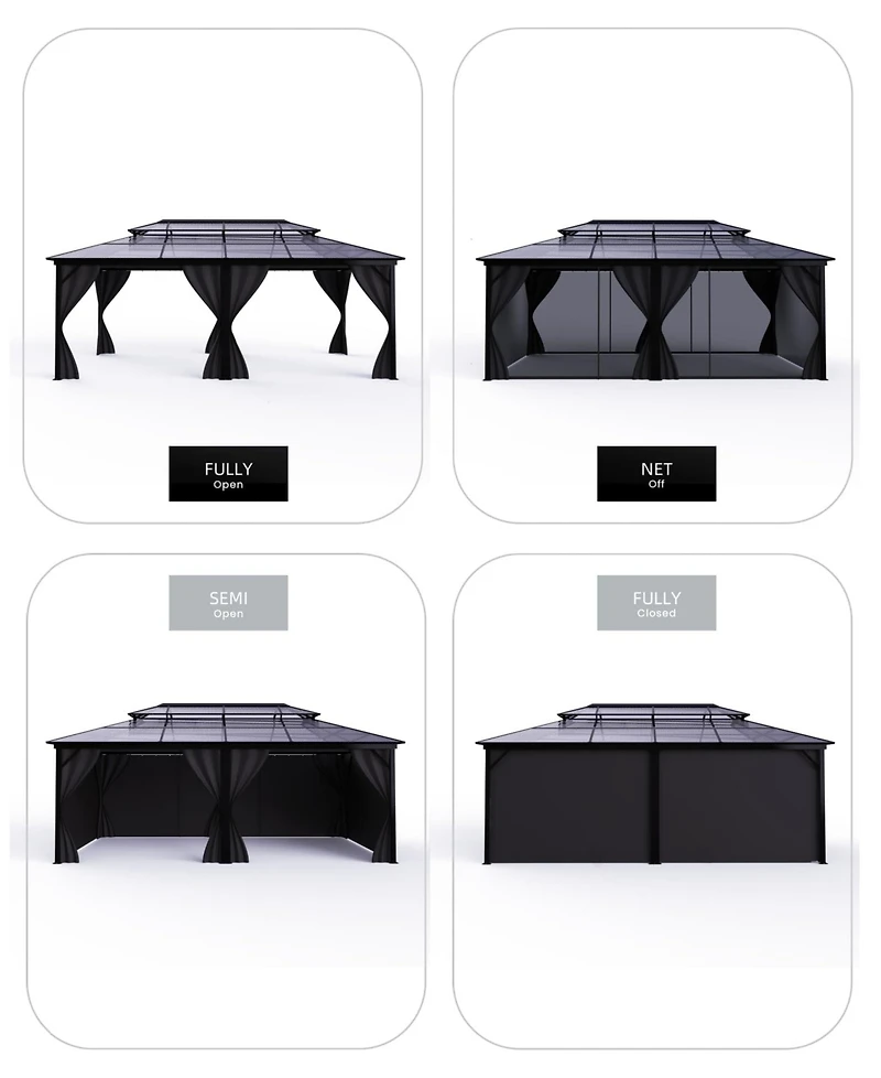 homfan 12 x 20 Ft Hardtop Gazebo with Double Roof and Aluminum Alloy Frame and Pc Panels for Patio, Deck, Backyard, Lawn, and Garden