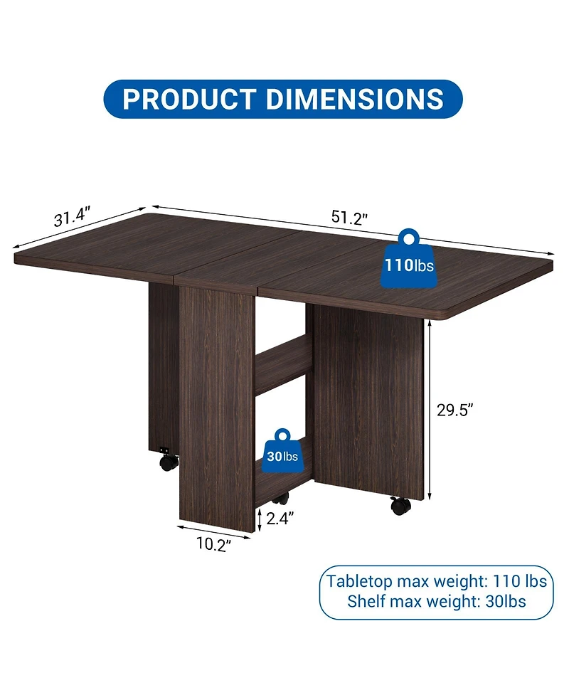 homfan Folding Drop Leaf Dining Table with 2-Tier Storage, 6 Wheels, Space-Saving Kitchen for Room and Home Office