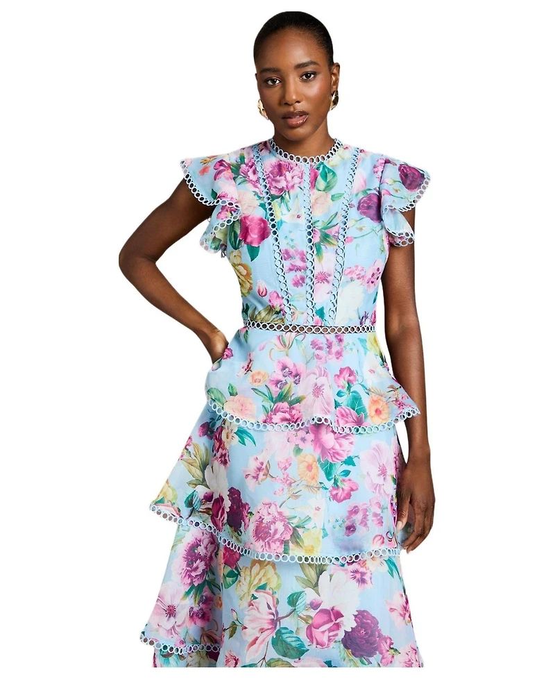 Coast Women's Lace Trim Tiered Organza Midi Dress