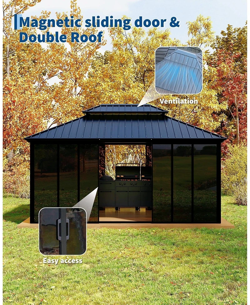 homfan 12 x 16 Ft Metal Roof Gazebo House with Aluminum Alloy and Steel Frame and Acrylic Panels for Backyard, Patio