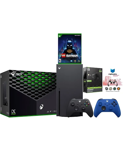 Xbox Series X 1TB Disc Console with Lego Batman, Extra Controller, Battery Pack and MightySkins Code Bundle - Shock Blue
