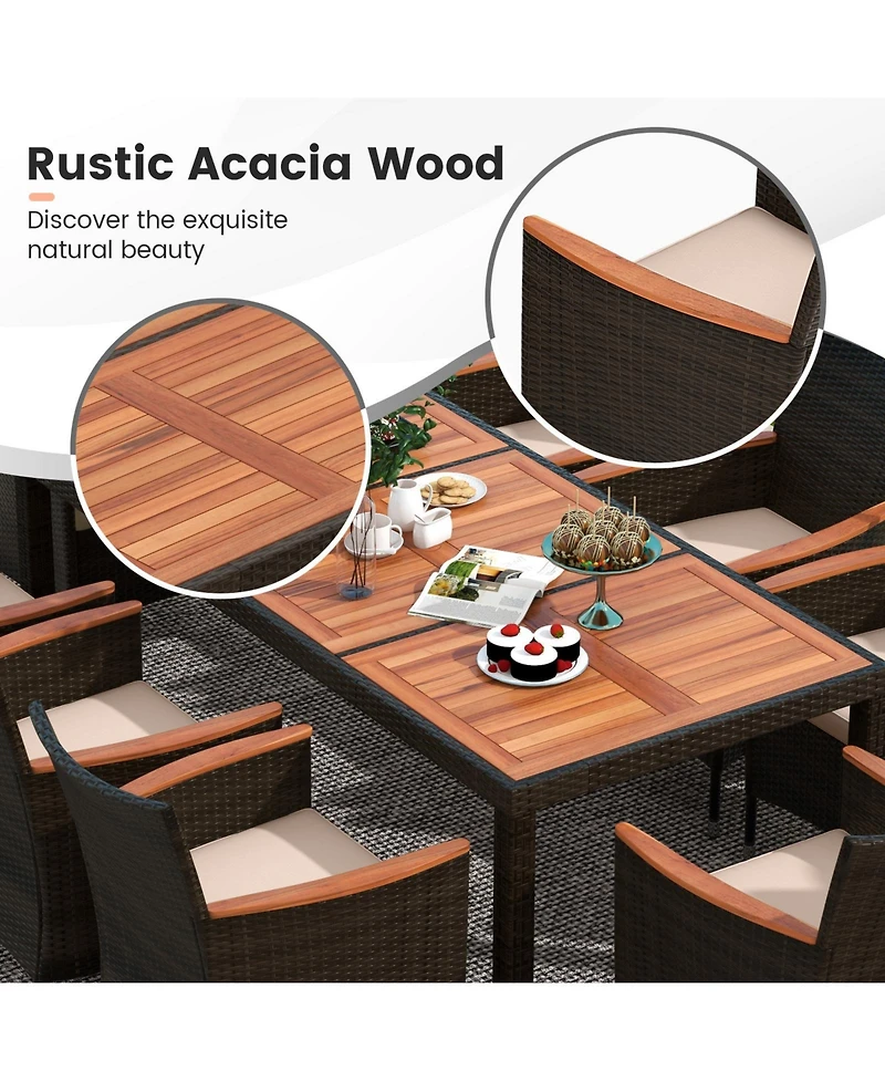 Gymax 9 Piece Wicker Dining Set Acacia Wood Table Top Umbrella Hole Cushions Chairs Patio