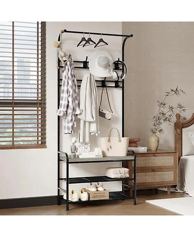 homfan 3-in-1 Hallway Coat Rack with Shoe Bench, Sturdy Iron and Wood Multi-shelf Storage Organizer for Entryway Home Office