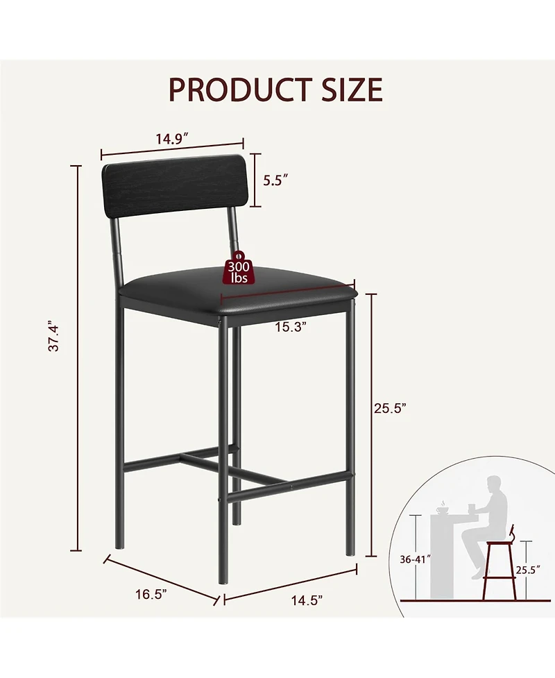homfan Set of 6 24-Inch Bar Stools Counter Height Upholstered Dining Chairs with Backrest Metal Frame Kitchen Island Seating