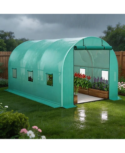 homfan Walk Greenhouse with Steel Frame Plaid Plant House Shelves and Roll-Up Windows for Garden Backyard Patio