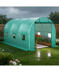 homfan Walk Greenhouse with Steel Frame Plaid Plant House Shelves and Roll-Up Windows for Garden Backyard Patio