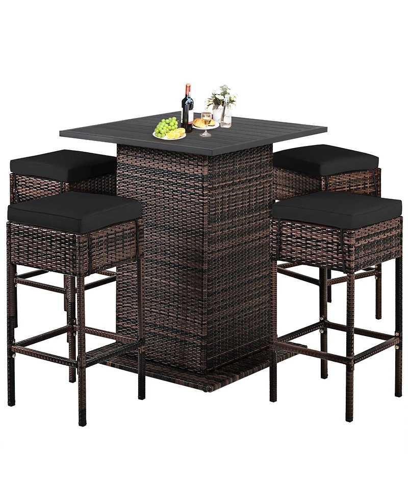 Gymax 5 Piece Patio Rattan Bar Table Stool Set Hidden Storage Shelf Cushion Patio