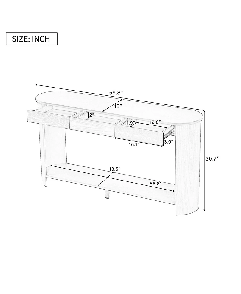 Rainsken Farmhouse Console Table, with 3 Top Drawers and Bottom Shelf, Semi-Circular Design, for Living Room Hallway Foyer Corridor