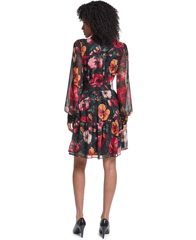 Karl Lagerfeld Paris Women's Printed Grid Chiffon Shirtdress