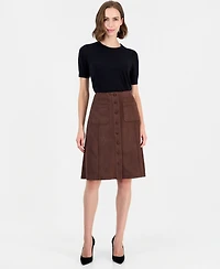 T Tahari Women's High-Waisted Midi A-Line Faux Suede Skirt