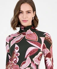 T Tahari Women's Floral Mock-Neck Back-Zip Blouse