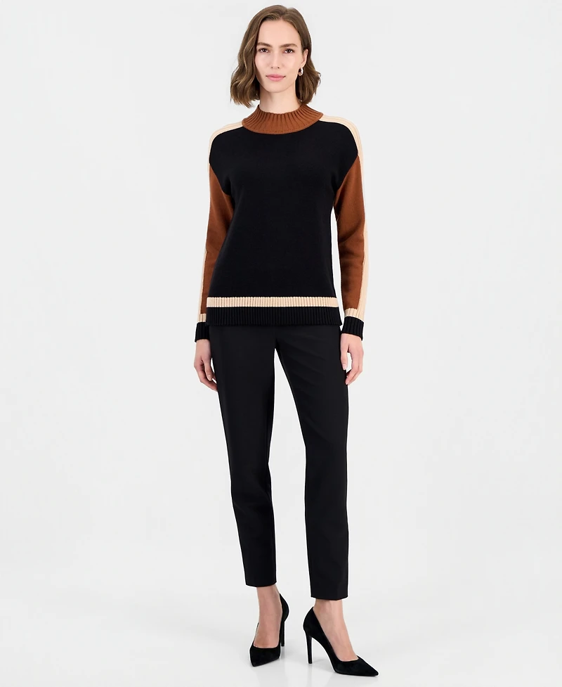 T Tahari Women's Mock Neck Long-Sleeve Colorblock Pullover