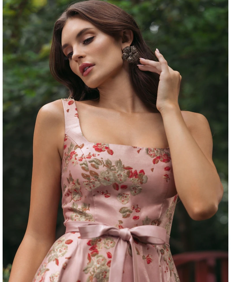 Mac Duggal Petite Pink Floral Brocade Square-Neck Midi Dress