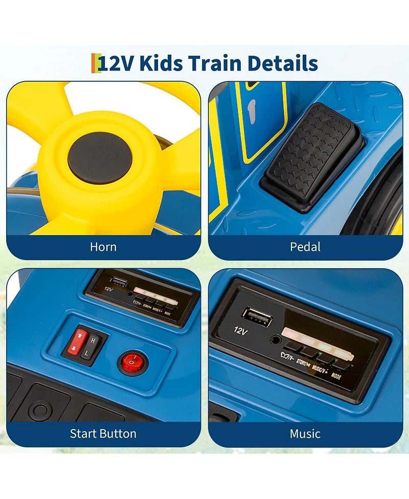 homfan 12V 2-Seater Electric Ride-On Train for Kids, Adjustable Seat, Storage Compartment, Music, Battery Powered Toddler Car