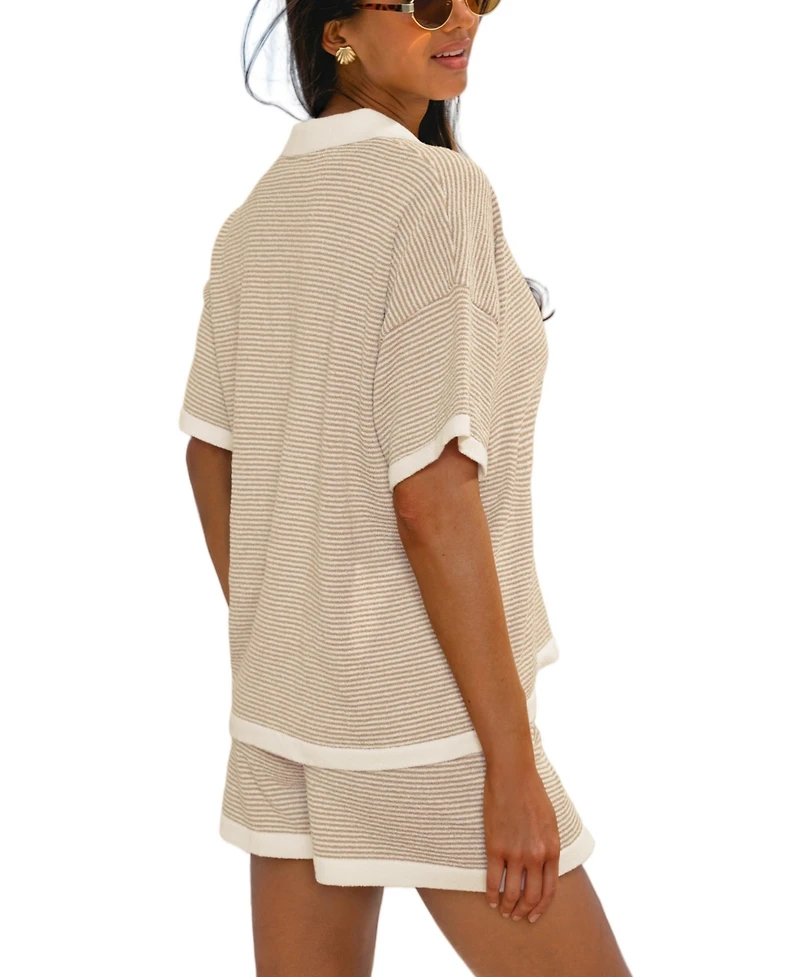 Cupshe Women's Beige and White Striped Terry Polo Top Shorts Matching Set