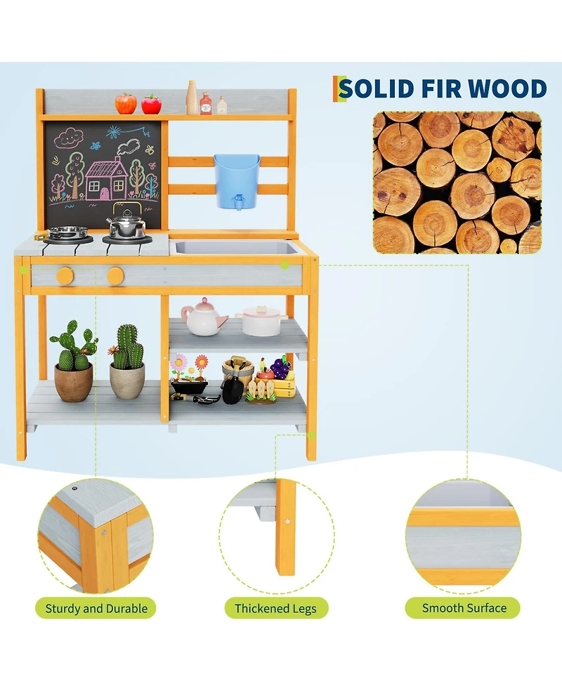 homfan 28.7 x 16.1 x 36.2 Inch Outdoor Kids Play Kitchen, Fir Wood Pretend Cooking Toy Set for Backyard Garden, Ages 3-8