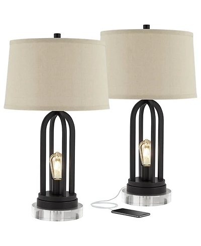 360 Lighting Marcel Industrial Table Lamps Set of 2 with Round Risers 24 1/4" High Led Nightlight Usb Port Shade for Living Room Desk