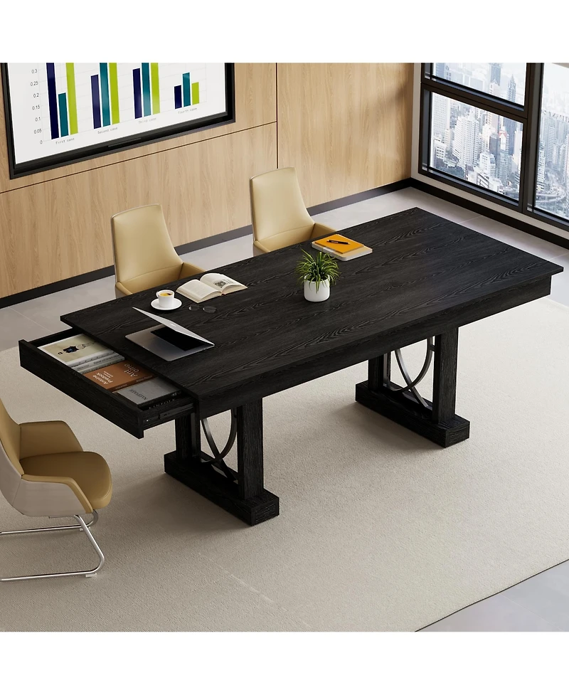 homfan 71-Inch Dining Table for 6-8, Rectangular with 2 Drawers, Double Pedestal Base and Large Tabletop Kitchen, Office