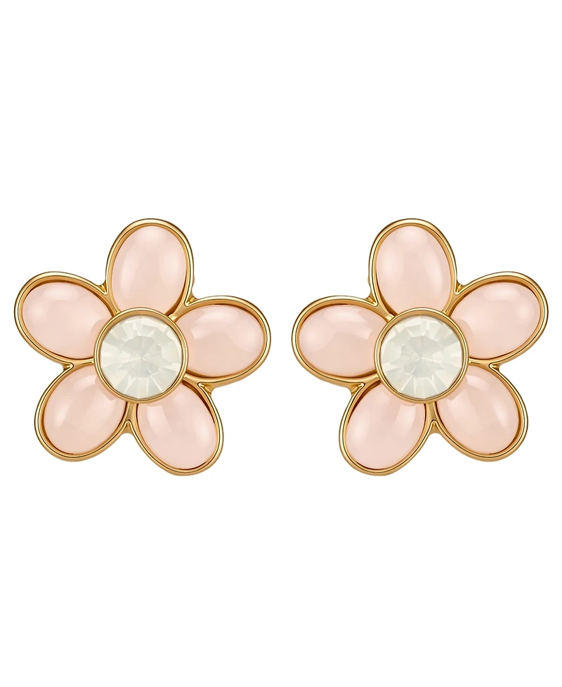 Guess Gold-Tone Rose Quartz & White Opal Stone Floral Stud Earrings