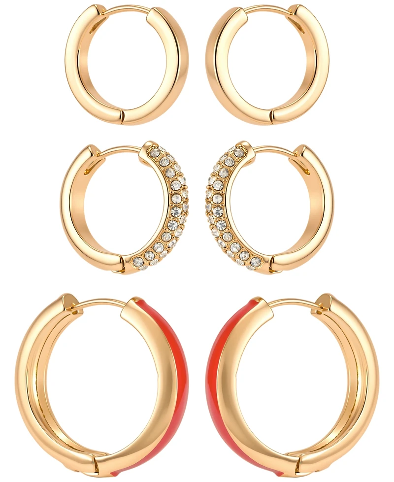 Guess Gold-Tone Crystal Stone Hoop Earrings, 3-Piece Set