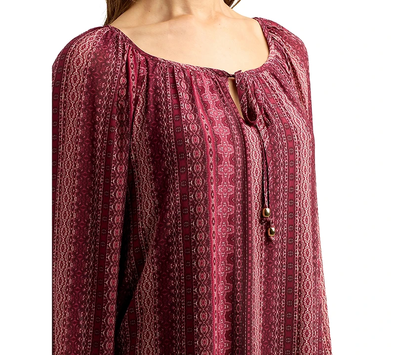 Bcx Juniors' Printed Mesh Smocked-Sleeve Peasant Top