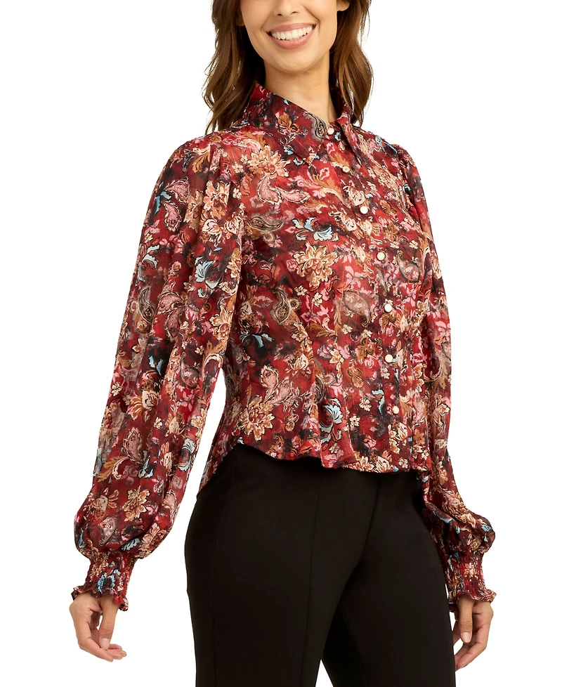 Bcx Juniors' Satin Stripe Lurex Collared Button-Up Shirt