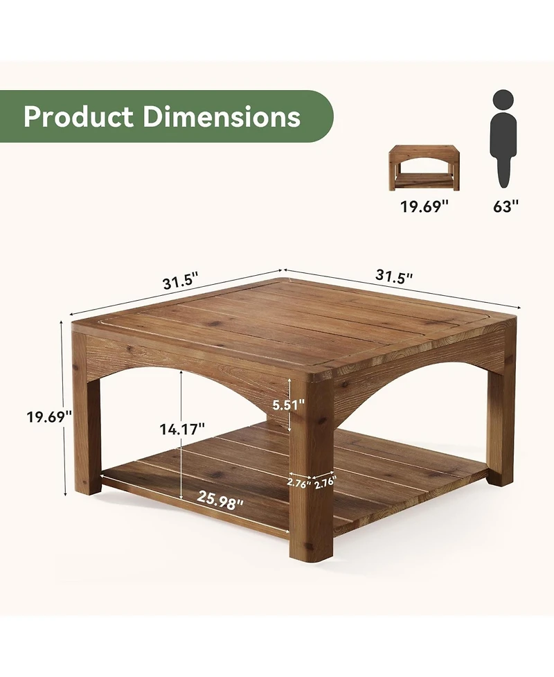 Tribesigns Square Coffee Table, 31.5" Solid Wood Coffee Table, 2-Tier Center Table for Living Room